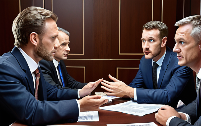 **A busy international trade negotiation: Focus on the negotiators' expressions, showcasing the complexity and potential "traps" in business English and contract terms.** (Concept: Decoding hidden meanings)