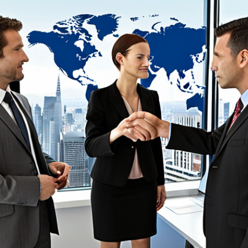 Home 14 **Image Prompt:** A diverse group of professionals successfully negotiating a deal in a modern office setting. Focus on confident body language, international attire, and a backdrop representing global trade (e.g., world map, city skyline).