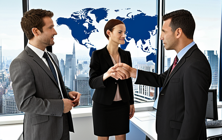 **Image Prompt:** A diverse group of professionals successfully negotiating a deal in a modern office setting. Focus on confident body language, international attire, and a backdrop representing global trade (e.g., world map, city skyline).