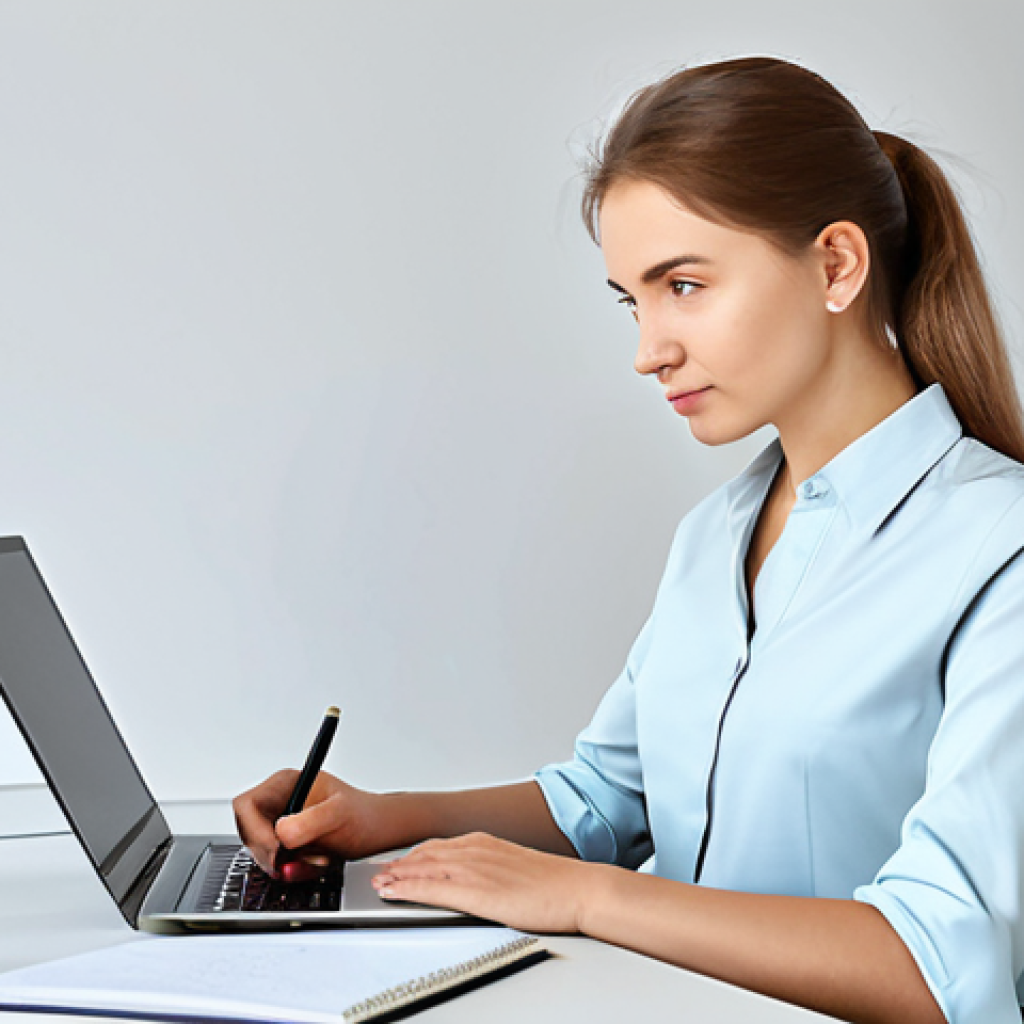 An adult Russian professional, diligently studying for a business English exam. The subject is wearing a smart, modest business casual outfit, like a neat blouse and tailored trousers. They are seated at a clean, well-lit modern desk in a contemporary office setting or a quiet home study. The desk is organized with a laptop displaying an online language course, relevant textbooks on business English, and a notebook with neatly written notes in both Russian and English. A professional planner is open next to them. Soft, natural lighting illuminates the scene. Professional photography, high-resolution, sharp focus. safe for work, appropriate content, fully clothed, professional dress, modest clothing, perfect anatomy, correct proportions, natural pose, well-formed hands, proper finger count, natural body proportions.