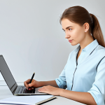 An adult Russian professional, diligently studying for a business English exam. The subject is wearing a smart, modest business casual outfit, like a neat blouse and tailored trousers. They are seated at a clean, well-lit modern desk in a contemporary office setting or a quiet home study. The desk is organized with a laptop displaying an online language course, relevant textbooks on business English, and a notebook with neatly written notes in both Russian and English. A professional planner is open next to them. Soft, natural lighting illuminates the scene. Professional photography, high-resolution, sharp focus. safe for work, appropriate content, fully clothed, professional dress, modest clothing, perfect anatomy, correct proportions, natural pose, well-formed hands, proper finger count, natural body proportions.