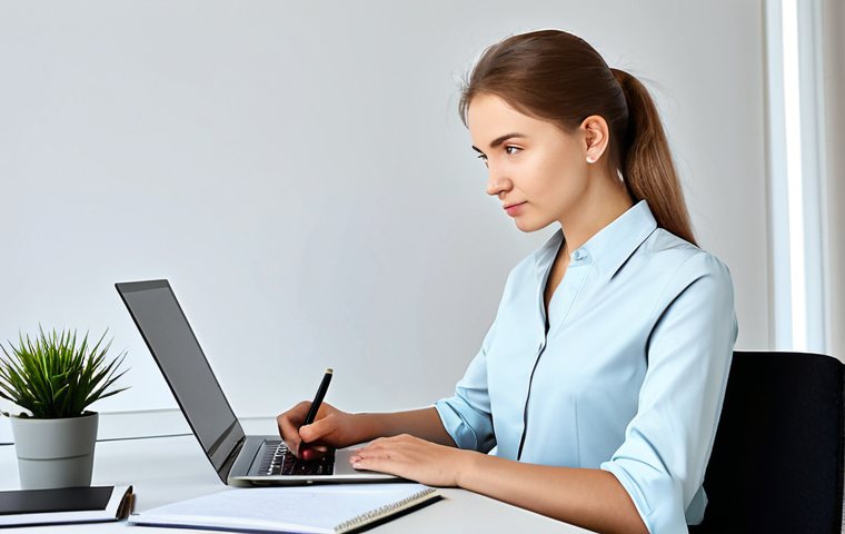 An adult Russian professional, diligently studying for a business English exam. The subject is wearing a smart, modest business casual outfit, like a neat blouse and tailored trousers. They are seated at a clean, well-lit modern desk in a contemporary office setting or a quiet home study. The desk is organized with a laptop displaying an online language course, relevant textbooks on business English, and a notebook with neatly written notes in both Russian and English. A professional planner is open next to them. Soft, natural lighting illuminates the scene. Professional photography, high-resolution, sharp focus. safe for work, appropriate content, fully clothed, professional dress, modest clothing, perfect anatomy, correct proportions, natural pose, well-formed hands, proper finger count, natural body proportions.