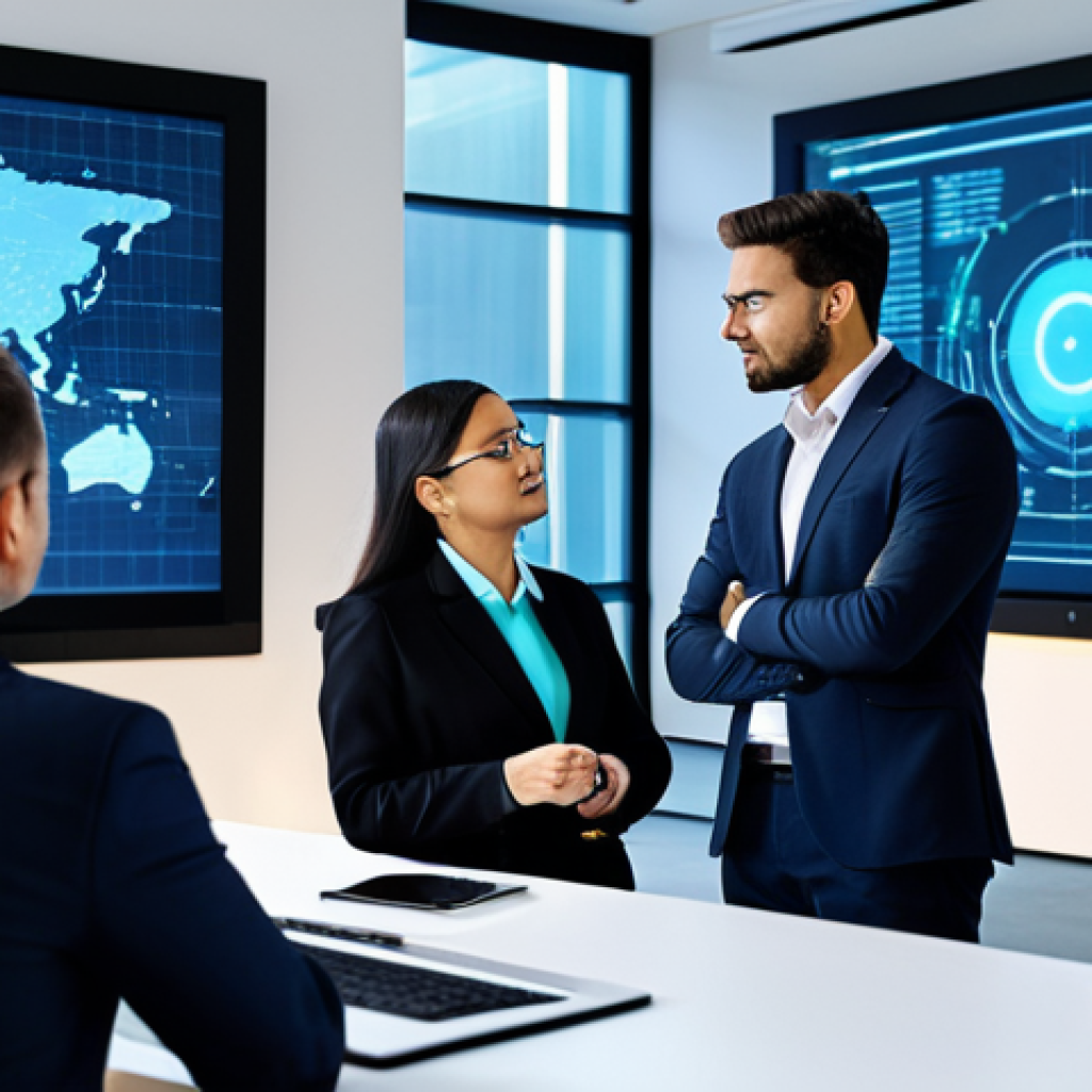 A diverse group of professional business executives, fully clothed in modest, contemporary business suits, engaging in a high-level negotiation around a sleek, modern conference table. Large digital screens in the background display complex data visualizations and abstract representations of artificial intelligence and blockchain concepts, highlighting technological literacy. The scene emphasizes intellectual discussion and strategic decision-making in a professional setting. The subjects have perfect anatomy, correct proportions, and natural poses with well-formed hands. The image conveys professionalism, innovation, and global collaboration, appropriate attire, safe for work, high quality, studio lighting.