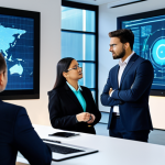 A diverse group of professional business executives, fully clothed in modest, contemporary business suits, engaging in a high-level negotiation around a sleek, modern conference table. Large digital screens in the background display complex data visualizations and abstract representations of artificial intelligence and blockchain concepts, highlighting technological literacy. The scene emphasizes intellectual discussion and strategic decision-making in a professional setting. The subjects have perfect anatomy, correct proportions, and natural poses with well-formed hands. The image conveys professionalism, innovation, and global collaboration, appropriate attire, safe for work, high quality, studio lighting.