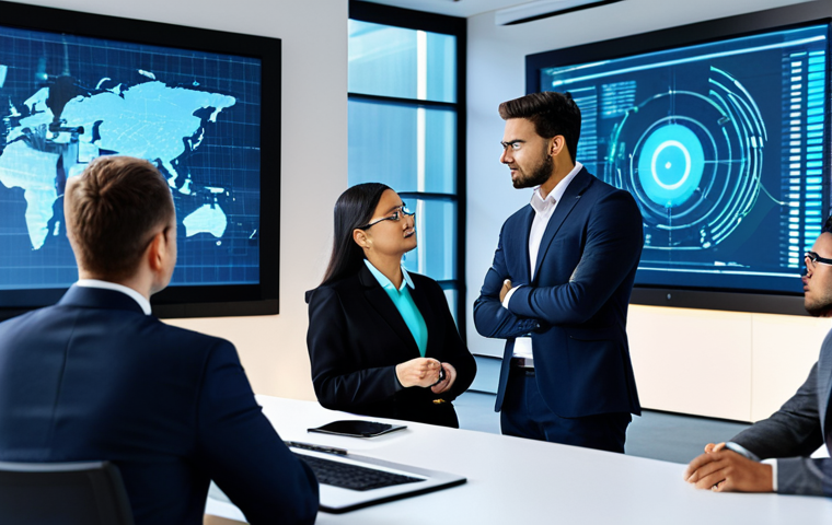 A diverse group of professional business executives, fully clothed in modest, contemporary business suits, engaging in a high-level negotiation around a sleek, modern conference table. Large digital screens in the background display complex data visualizations and abstract representations of artificial intelligence and blockchain concepts, highlighting technological literacy. The scene emphasizes intellectual discussion and strategic decision-making in a professional setting. The subjects have perfect anatomy, correct proportions, and natural poses with well-formed hands. The image conveys professionalism, innovation, and global collaboration, appropriate attire, safe for work, high quality, studio lighting.
