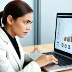 A determined professional, fully clothed in a modest business suit, sitting at a sleek desk in a contemporary, brightly lit office. They are focused on a laptop screen displaying business charts and a virtual meeting interface, representing the challenge of mastering business English. Their expression shows concentration and resilience, moving towards quiet confidence. Perfect anatomy, correct proportions, natural pose, well-formed hands, proper finger count. Professional photography, high-resolution, sharp focus, natural lighting. Safe for work, appropriate content, fully clothed, professional.