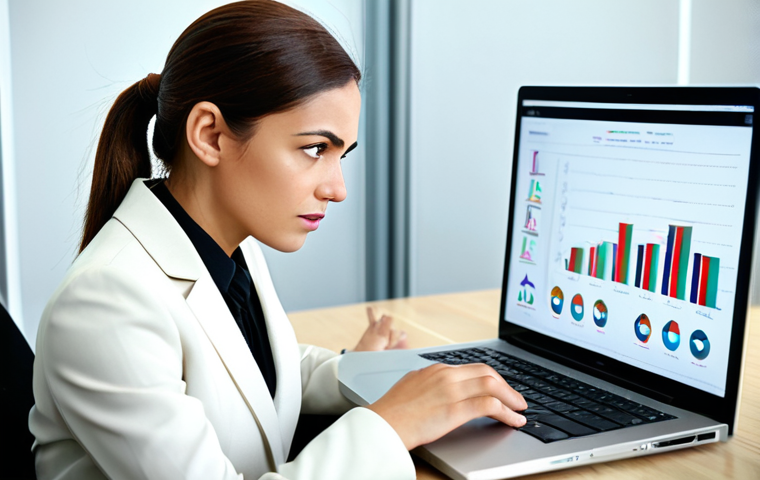 A determined professional, fully clothed in a modest business suit, sitting at a sleek desk in a contemporary, brightly lit office. They are focused on a laptop screen displaying business charts and a virtual meeting interface, representing the challenge of mastering business English. Their expression shows concentration and resilience, moving towards quiet confidence. Perfect anatomy, correct proportions, natural pose, well-formed hands, proper finger count. Professional photography, high-resolution, sharp focus, natural lighting. Safe for work, appropriate content, fully clothed, professional.