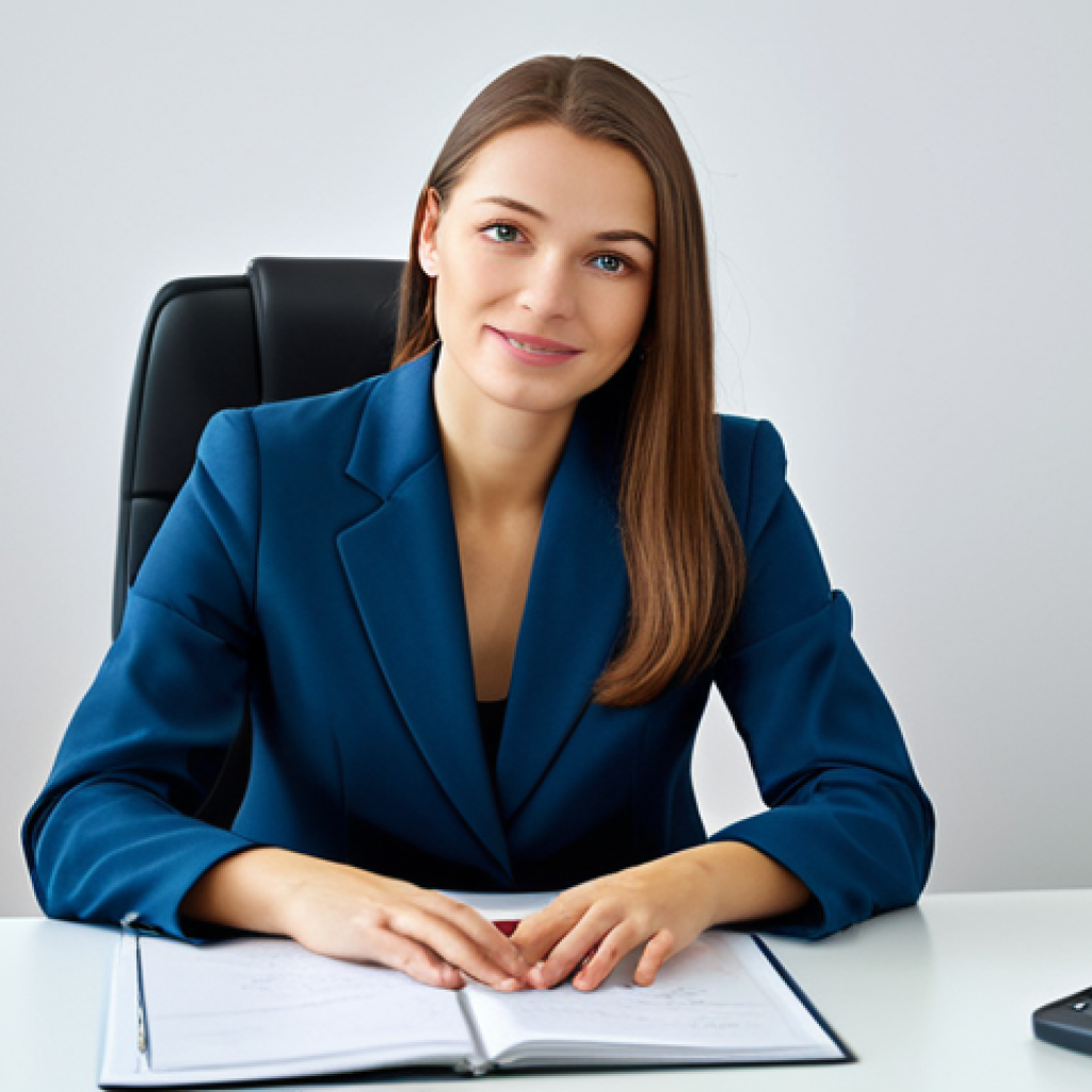 A professional businesswoman in a modest business suit, sitting at a desk in a modern Moscow office, fully clothed, appropriate attire, safe for work, perfect anatomy, natural proportions, professional photography, high quality, family-friendly.