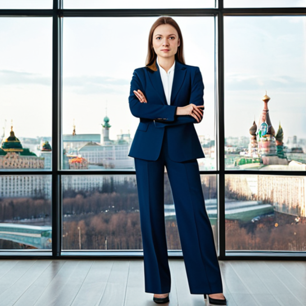 무역영어 실기시험의 주요 포인트와 사례 - "A confident businesswoman in a tailored pantsuit, standing in a modern Moscow office with floor-to-...