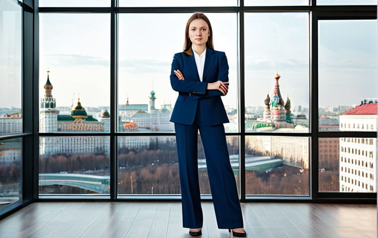 무역영어 실기시험의 주요 포인트와 사례 - "A confident businesswoman in a tailored pantsuit, standing in a modern Moscow office with floor-to-...