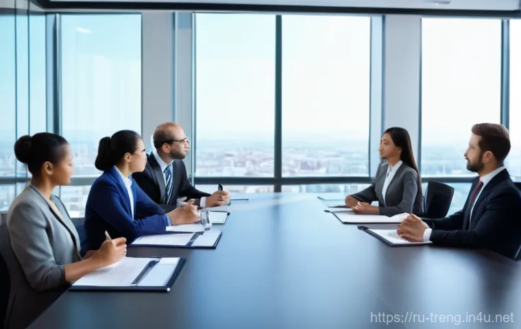 무역영어 학습과 실무의 접점 찾기 - A dynamic scene featuring a diverse group of international business professionals in a sleek, modern...