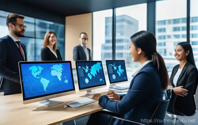 무역영어 자격증의 국제 무역에서의 활용 - **Prompt 1: Global Business Collaboration on Digital Platforms**
"A vibrant, modern office setti...