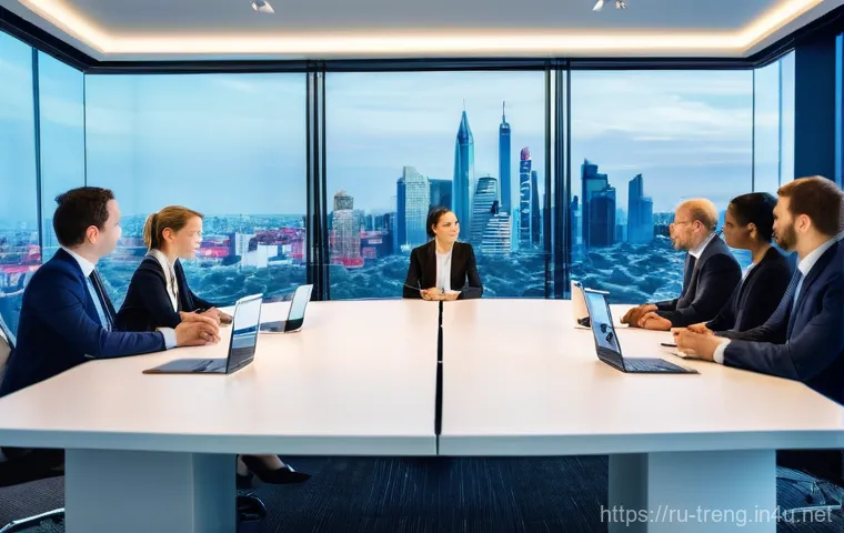 무역영어 실기시험 준비를 위한 교재 - **Prompt:** A dynamic and inclusive international business meeting taking place in a sleek, modern c...