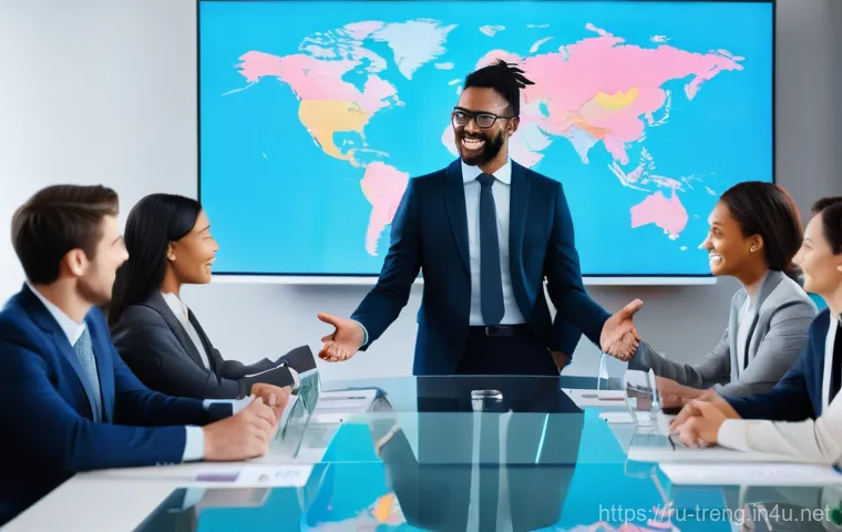 무역영어 자격증의 국제적 가치 - A diverse group of international business professionals, including men and women of various ethnicit...