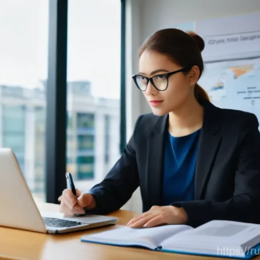 무역영어 실기시험 대비 학습 전략과 참고 자료 - A young professional, either male or female, diligently studying Business English. They are seated a...