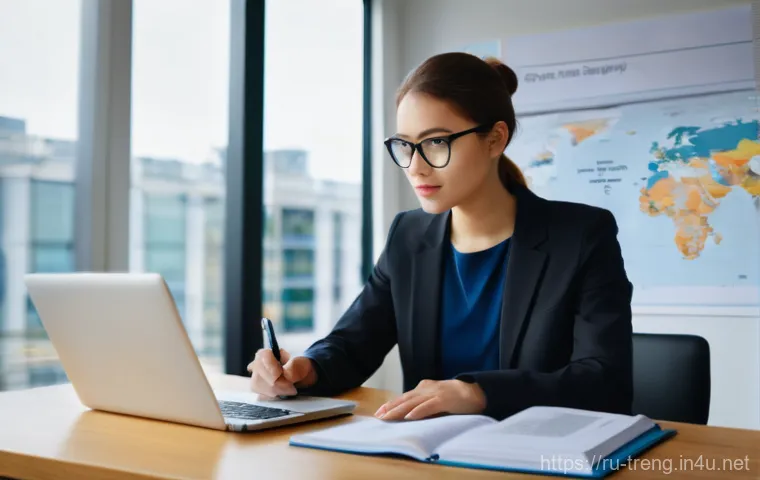 무역영어 실기시험 대비 학습 전략과 참고 자료 - A young professional, either male or female, diligently studying Business English. They are seated a...