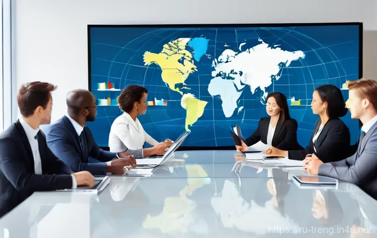 무역영어 자격증 취득 후의 업무 활용 사례 - **Prompt 1: Confident International Business Meeting**
    A group of diverse professionals, includi...