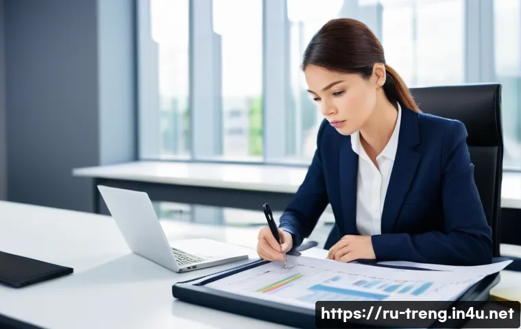 무역영어 실기시험 중 자주 실수하는 유형 - A highly detailed, realistic image of a focused female professional in a modern, well-lit office, me...