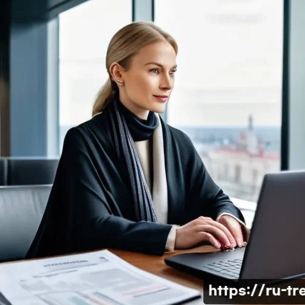 무역영어 자격증으로 구축된 직무 경쟁력 - A professional Russian businesswoman in a modern office setting, confidently reviewing international...