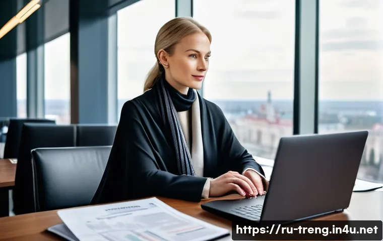 무역영어 자격증으로 구축된 직무 경쟁력 - A professional Russian businesswoman in a modern office setting, confidently reviewing international...