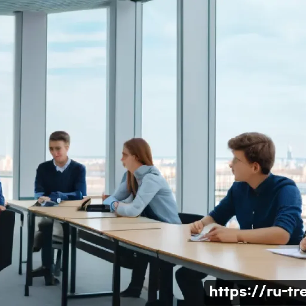 무역영어 시험 준비 과정을 즐기는 방법 - A detailed modern business classroom scene in Russia, showing a diverse group of young adult student...
