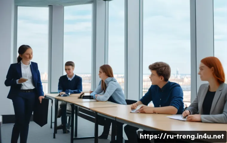 무역영어 시험 준비 과정을 즐기는 방법 - A detailed modern business classroom scene in Russia, showing a diverse group of young adult student...
