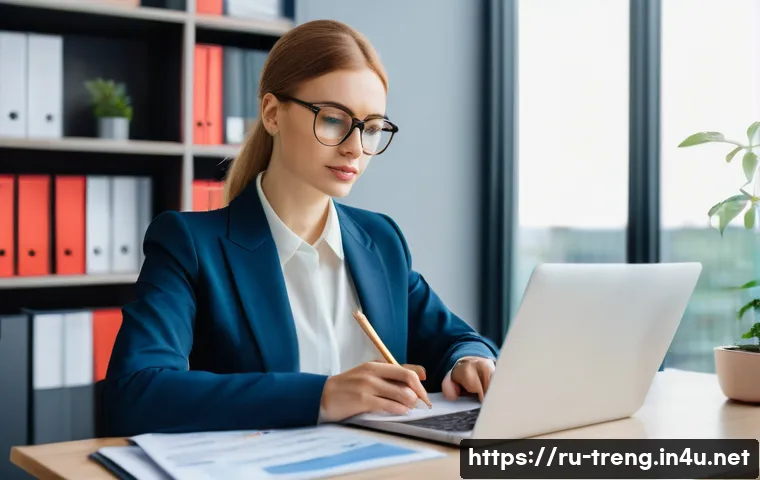 무역영어 시험 준비와 학습 전략의 중요성 - A professional businesswoman sitting at a modern office desk, writing a formal commercial letter on ...