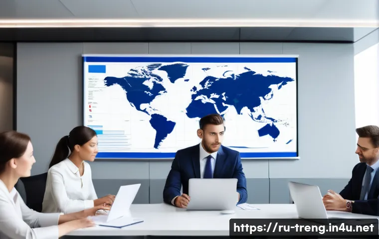 무역영어 시험 대비 사례 연구와 적용 - A modern international trade office scene showing a diverse group of professionals engaged in a busi...