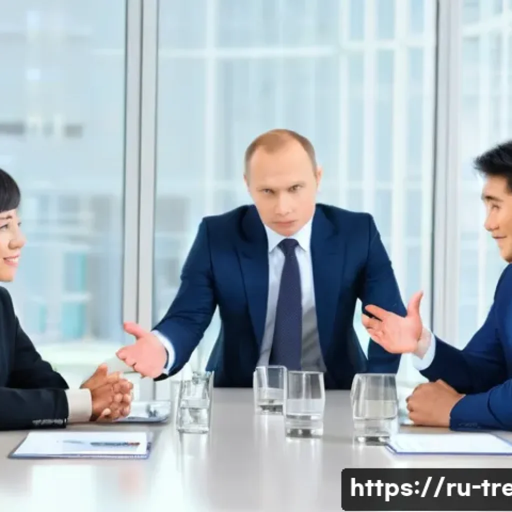 무역영어와 문화 차이 극복하기 - A professional international business meeting scene showing a diverse group of businesspeople from R...