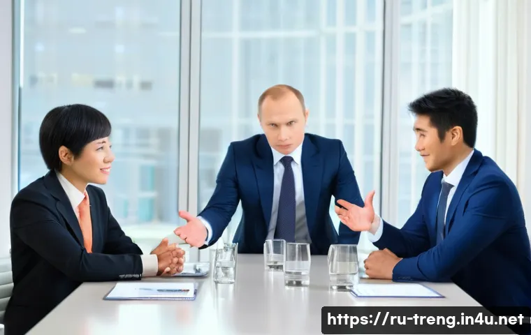 무역영어와 문화 차이 극복하기 - A professional international business meeting scene showing a diverse group of businesspeople from R...
