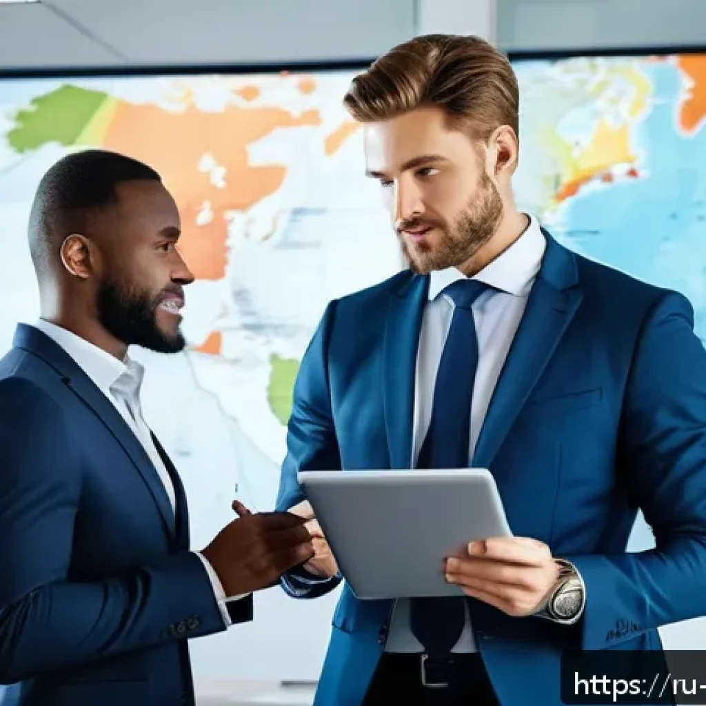 무역영어 자격증 취득 후 경력 개발 - A professional business meeting scene in a modern office with diverse international colleagues discu...