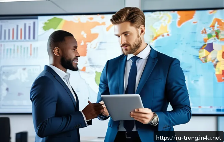 무역영어 자격증 취득 후 경력 개발 - A professional business meeting scene in a modern office with diverse international colleagues discu...