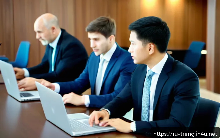 무역영어를 통한 커뮤니케이션 기술 향상 - A professional international business negotiation scene set in a modern conference room with diverse...