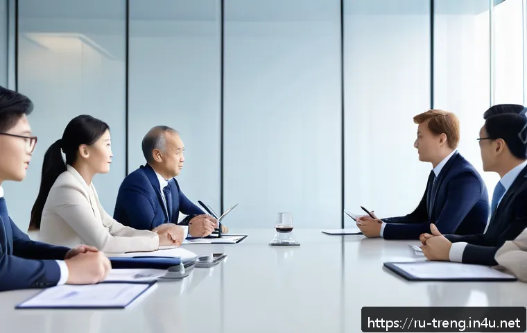 무역영어 자격증이 유리한 직무 - A modern international business meeting scene in a bright, spacious office with diverse professional...
