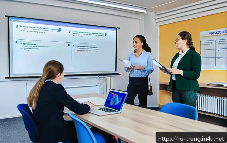 무역영어 시험 대비 사례 분석 워크숍 - A professional business classroom setting in Russia, with diverse adult students attentively studyin...