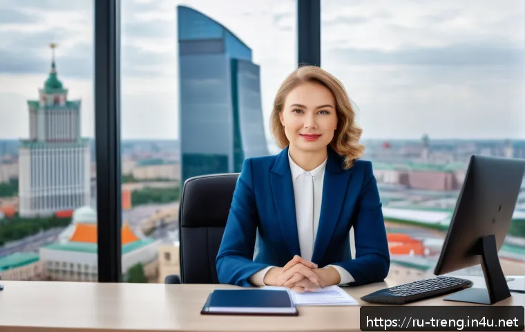 무역영어 자격증의 직무 적용과 효과 분석 - A professional Russian businesswoman in a modern Moscow office, confidently leading an international...