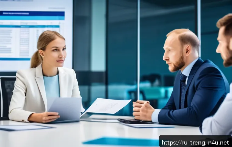무역영어 실기 시험에서 자주 묻는 질문 - A professional business meeting scene in a modern office environment, featuring diverse Russian-spea...