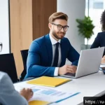 무역영어 자격증의 직무 활용성과 실무 사례 - A professional international business meeting scene in a modern office, featuring diverse commercial...