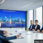 무역영어 자격증의 직무 활용도 평가 - A modern international business conference room scene with a confident Russian-speaking professional...