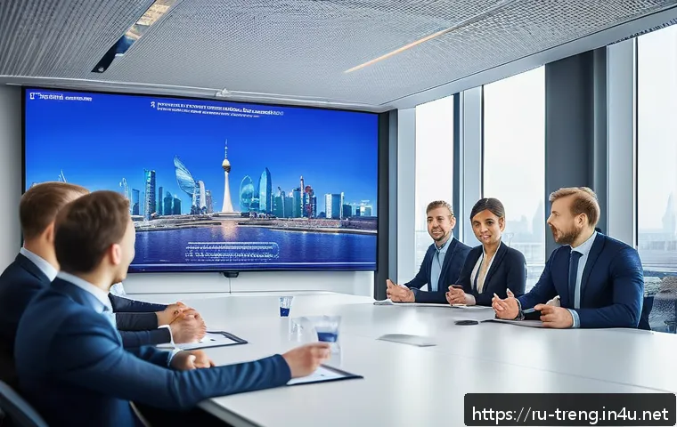 무역영어 자격증의 직무 활용도 평가 - A modern international business conference room scene with a confident Russian-speaking professional...