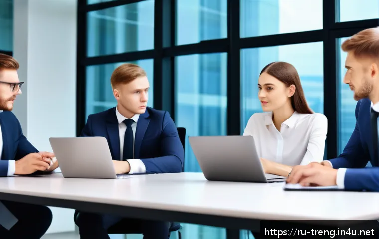 무역영어 실기시험 대비 학습법과 활용 사례 연구 - A modern office scene featuring a diverse group of young Russian business professionals in formal at...
