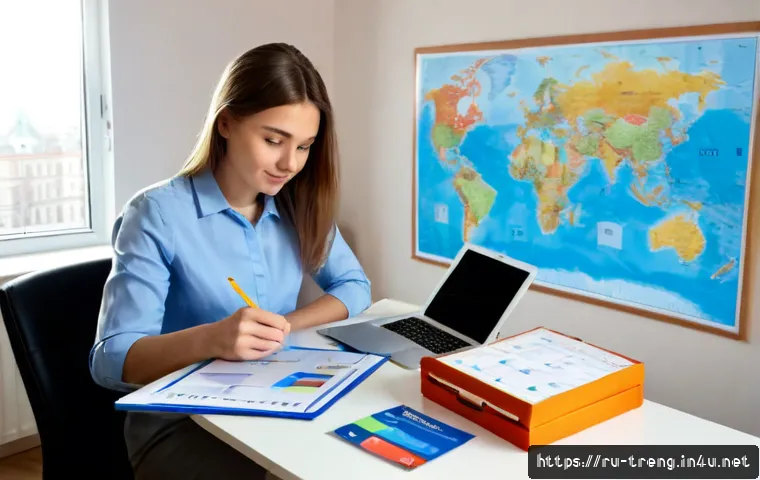 Home 17 무역영어 학습 자료의 체계적 활용과 정리법 - Photorealistic Russian young professional studying international trade English at a tidy home office...