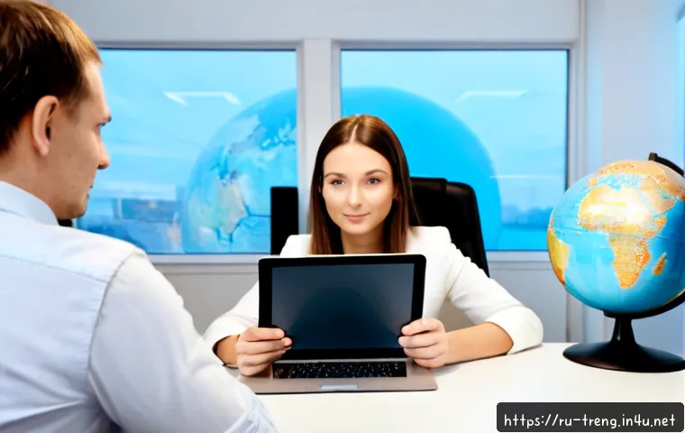 Home 17 무역영어와 디지털 무역의 미래 - Photorealistic modern trade office in Moscow, confident Russian businesswoman and male colleague rev...