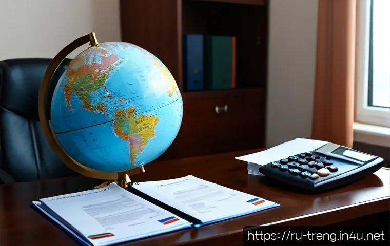 무역영어 자격증과 관련된 국제 규정 이해 - Photorealistic international trade compliance study scene in a modern Moscow office, Russian busines...