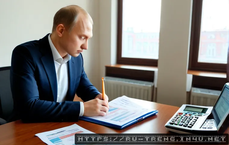 Home 17 무역영어 자격증과 업무 효율성 향상 - Photorealistic modern trade office in Moscow, a focused Russian business professional reviewing orga...