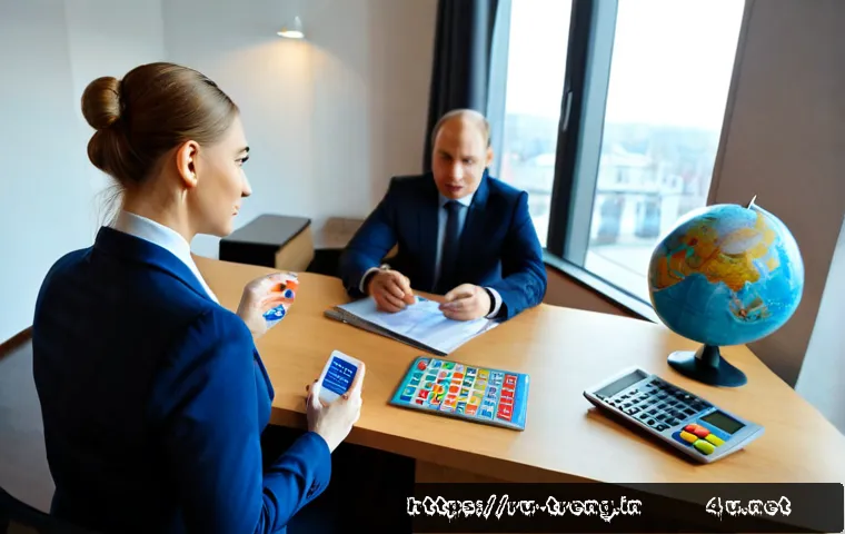 Home 17 무역영어와 외국어 능력의 관계 - Photorealistic modern Moscow export office, a Russian business professional confidently speaking wit...